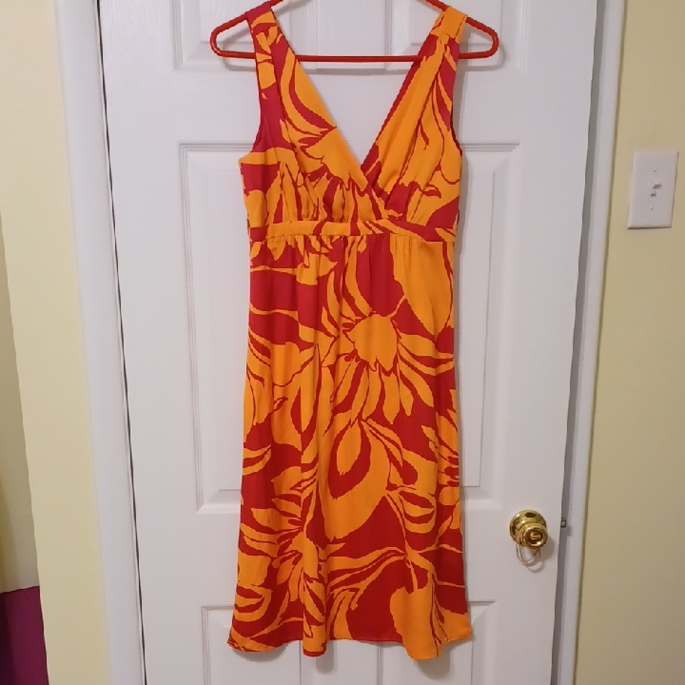 H&M Sz 6n Tropical Print Sleeveless Midi Dress In Coral & Apricot. New Condition